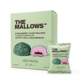 THE MALLOWS, Caramel filled mallow, Hvid chokolade, jordb�rskum og vandmelon smag, box 5 stk.
