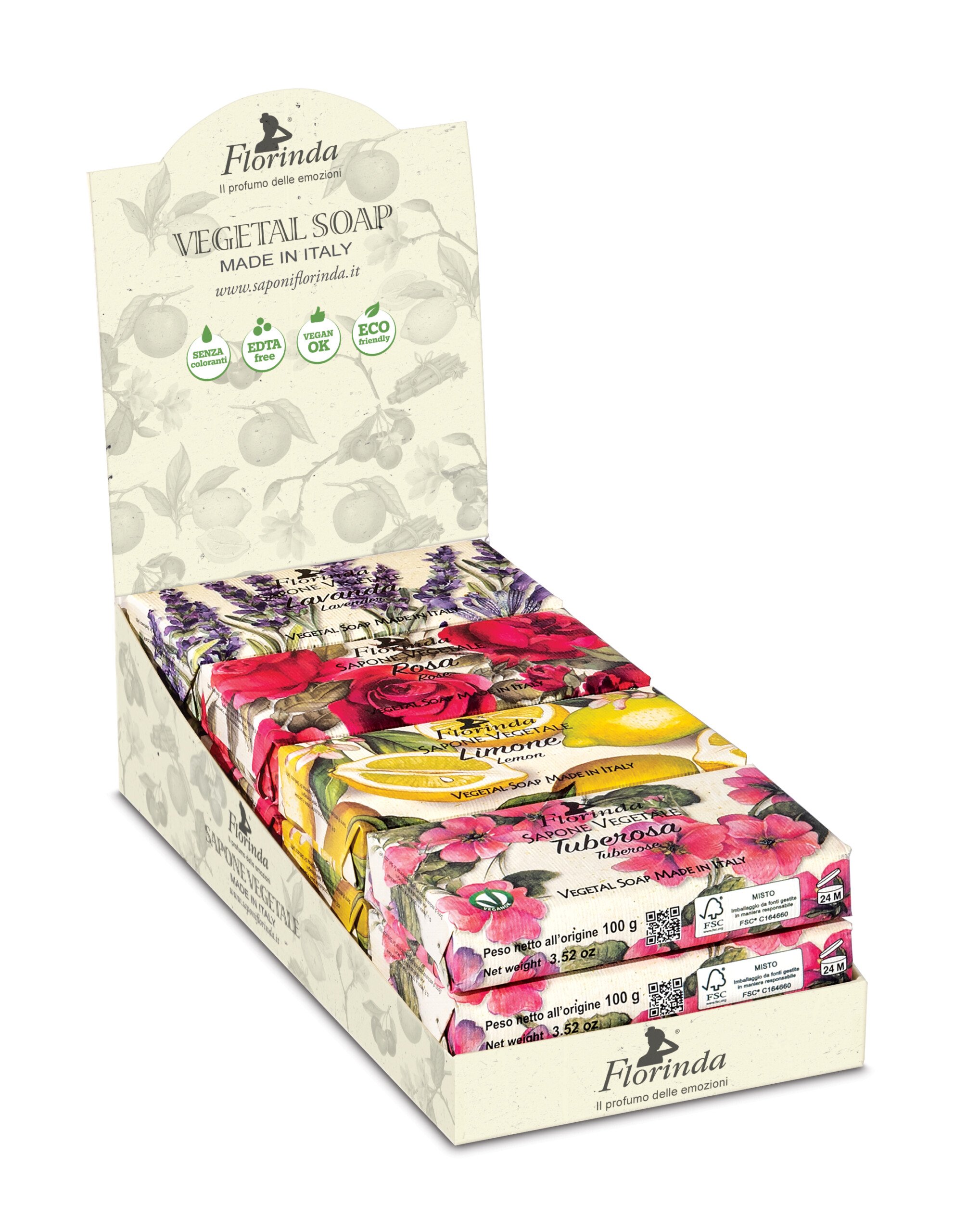 FLORINDA, Hndsbe, (Lavendel, Rose, Lemon og Tuberosa) pr. stk.