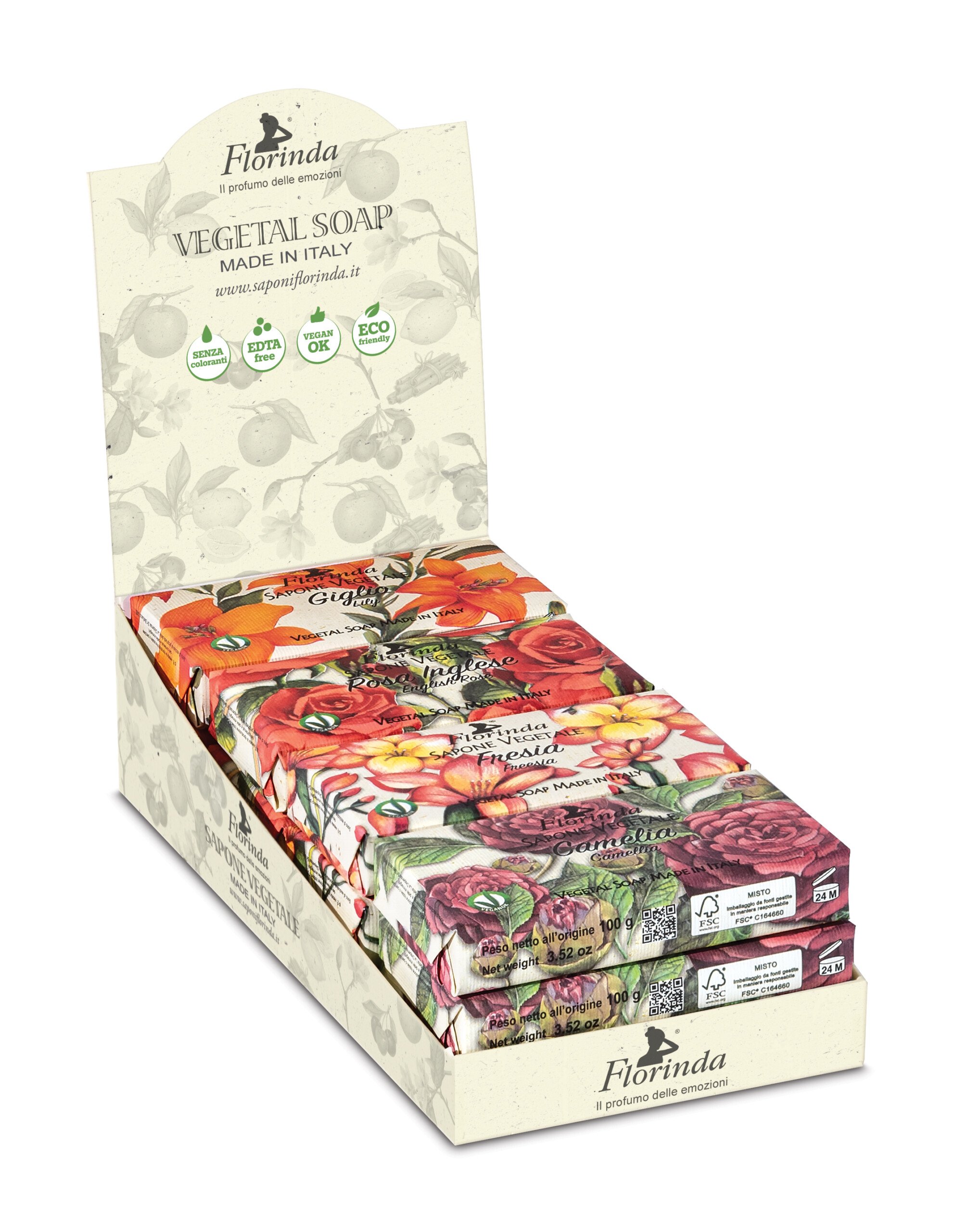 FLORINDA, Hndsbe, (Blomster - Fresia, Camelia, Lily og Engelsk Rose) pr. stk.