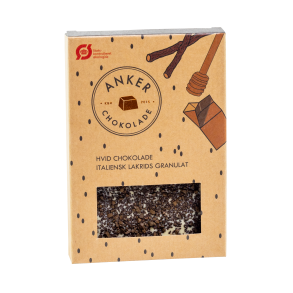 Anker Chokolade, Hvid chokolade/lakrids granulat, 100g.