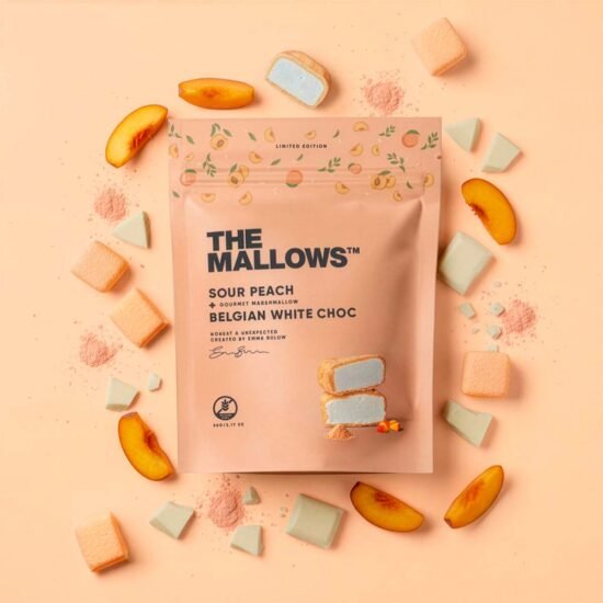 THE MALLOWS, Sour Peach, skumfidus med fersken og belgisk hvid chokolade, 90g.