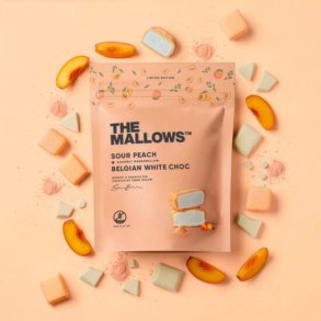 THE MALLOWS, Sour Peach, skumfidus med fersken og belgisk hvid chokolade, 90g.