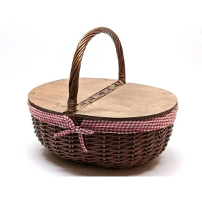 Picnickurv, brun flet med r�dternet stof